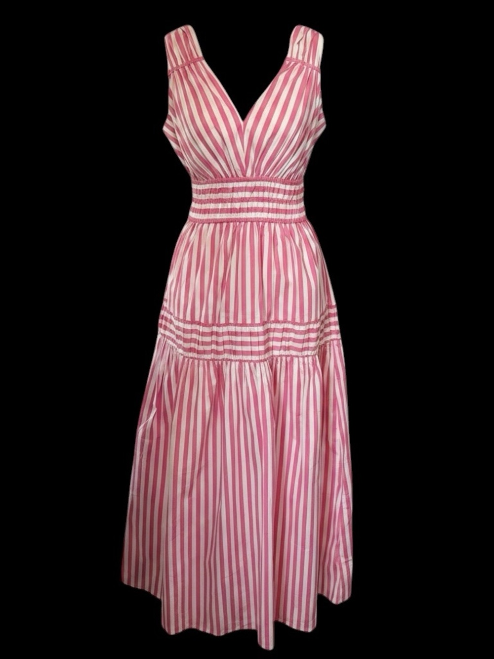 NWT Express Pink and White Striped V-Neck Smocked Tiered Maxi Dress Size XS